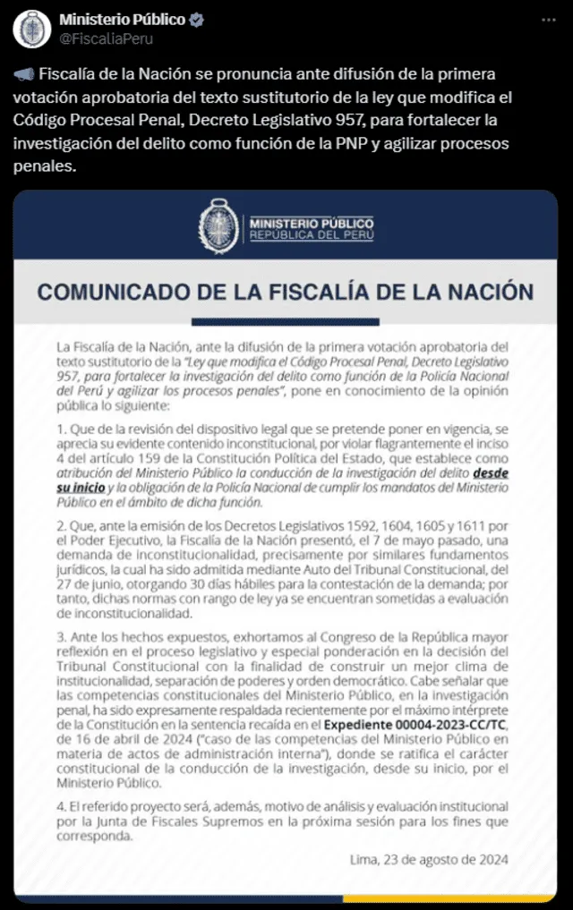 Ministerio Público se pronuncia sobre ley que busca restar competencias a la Fiscalía. Foto: X (antes Twitter)   