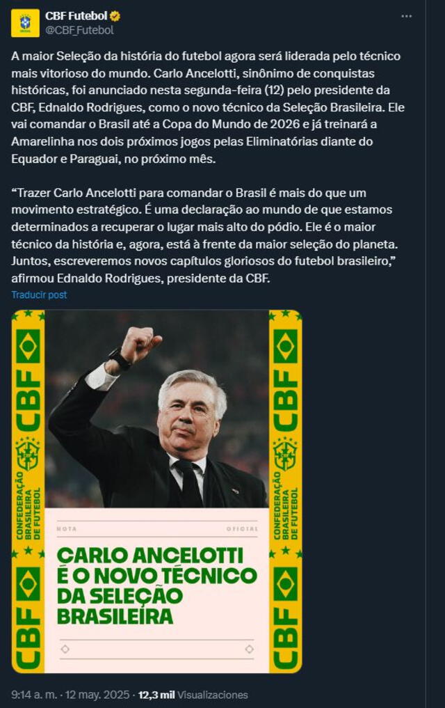 Anuncio oficial de Carlo Ancelotti como nuevo entrenador de Brasil. Foto: Twitter/CBF Anuncio oficial de Carlo Ancelotti como nuevo entrenador de Brasil. Foto: Twitter/CBF