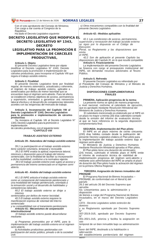  Decreto Legislativo que permitirá que reos puedan trabajar fuera del penal   
