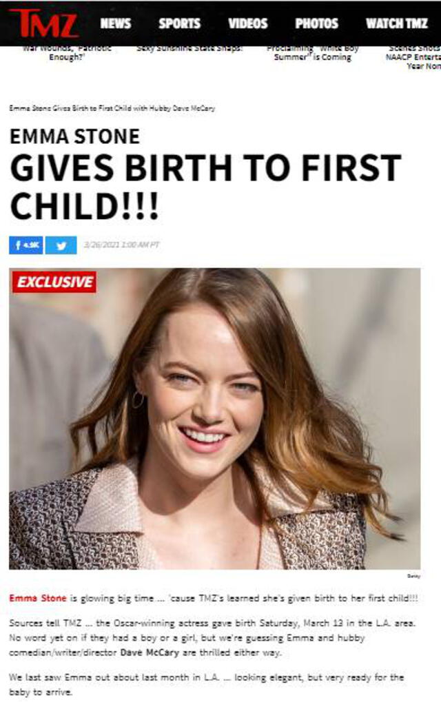 Emma Stone se convirtió en madre por primera vez, afirma TMZ