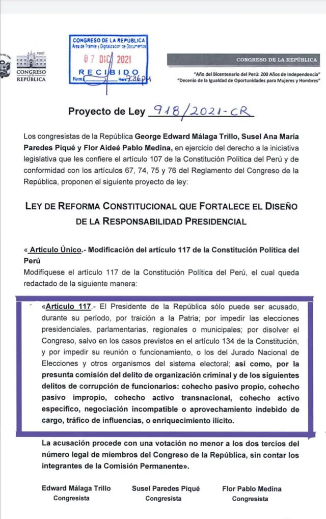 Congresistas del Partido Morado buscan modificar el artículo 117 de la Constitución. Foto: Captura del proyecto