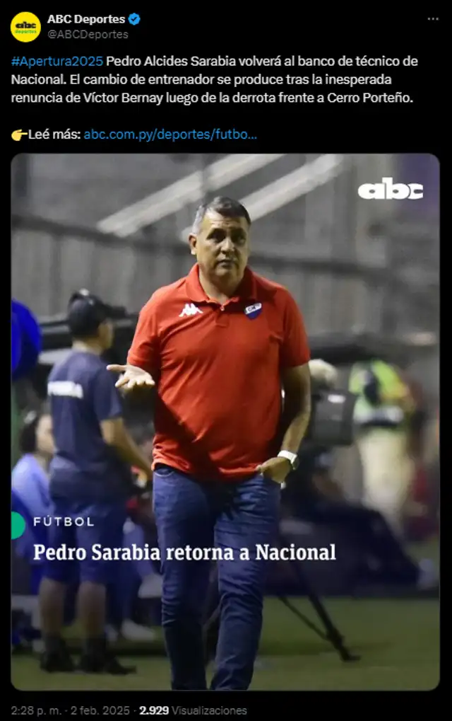  Pedro Sarabia será nuevo entrenador de Nacional de Paraguay. Foto: captura de X/ABC Deportes   
