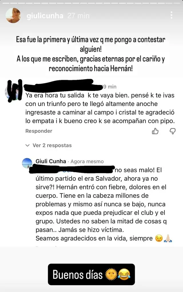 Mensaje de la esposa de Hernán Barcos contra hinchas que culpó al argentino. Foto: Instagram/Giuli Cunha<br>   