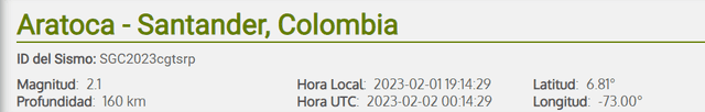 Último sismo en Colombia hoy, 1 de febrero. Foto: SGC 