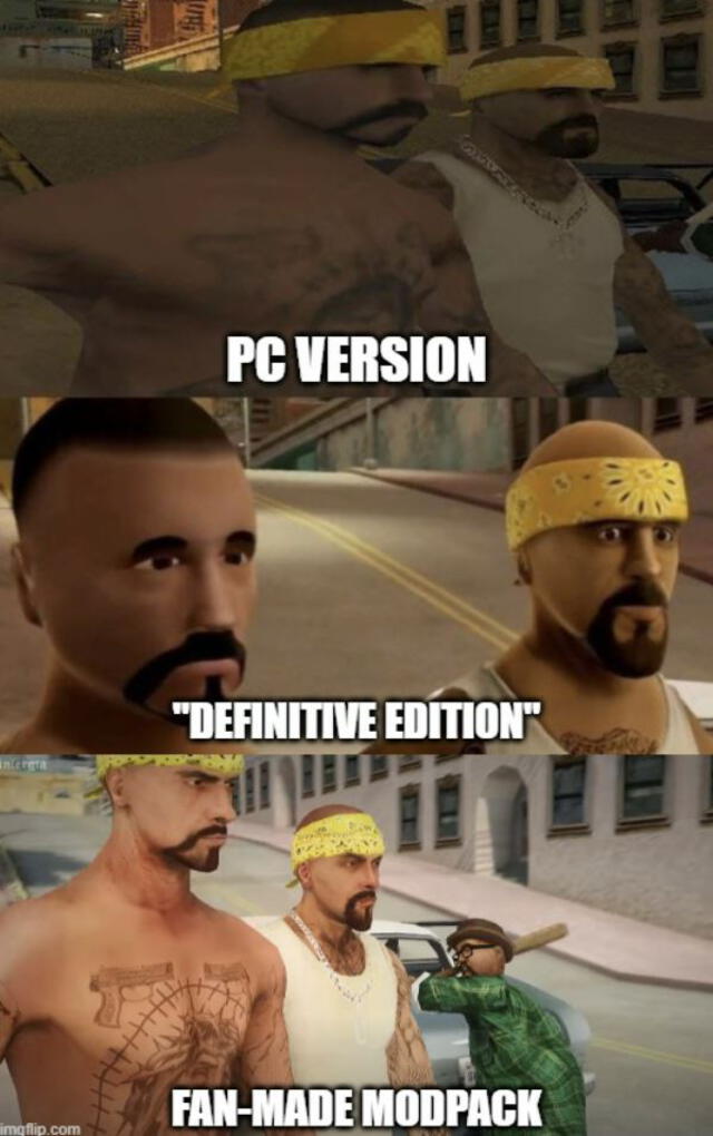 Arriba: versión de PC; medio: Definitive Edition; abajo: Mod hecho por fans. Foto: Reddit