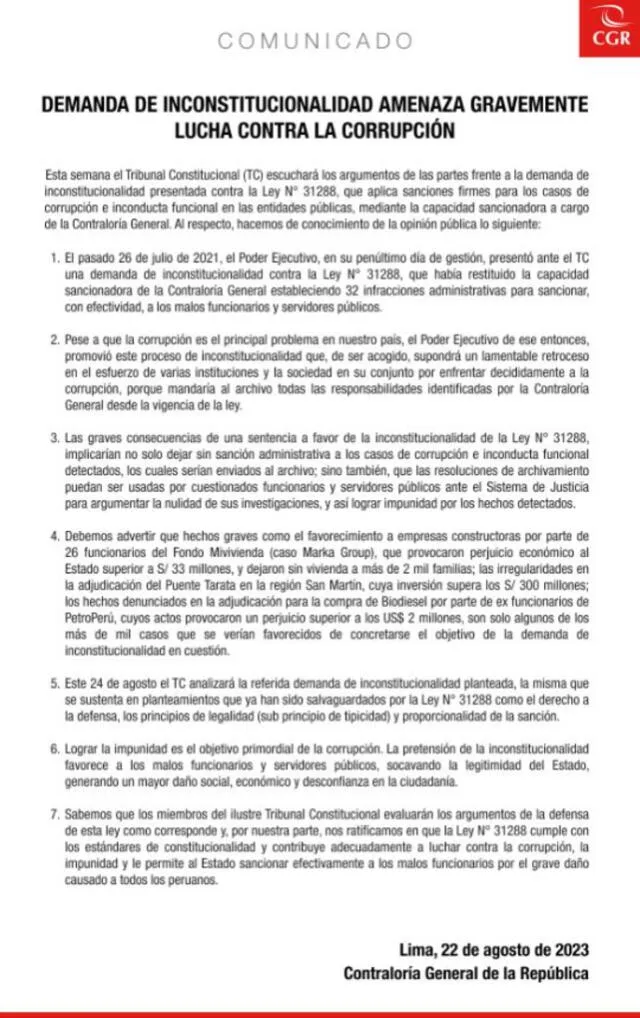 Comunicado emitido por Contraloría el martes 22 de agosto vía Twitter. Foto: Contraloría/Twitter   