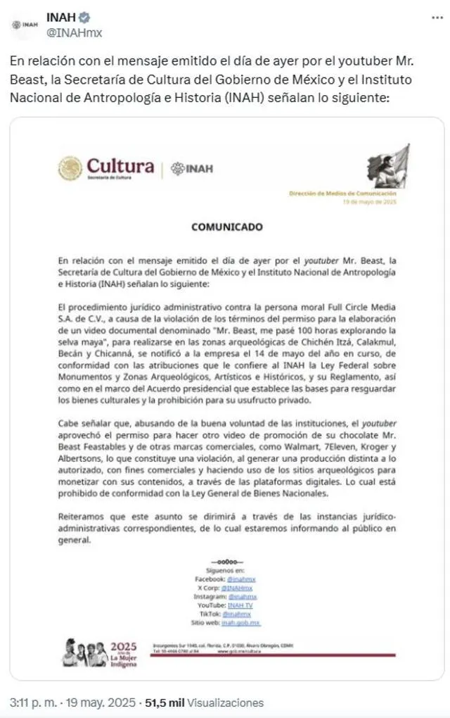 Comunicado de INAH en su cuenta de X. Foto: <a href="https://x.com/INAHmx" target="_blank" rel="nofollow">@INAHmx</a>    