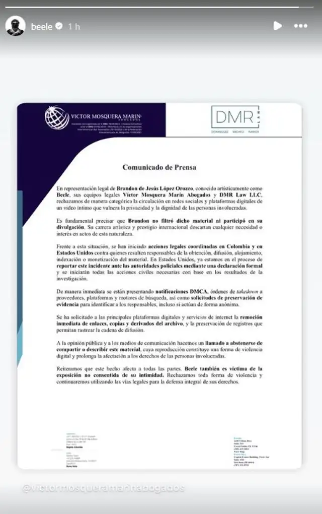 Comuncado de Beéle. Foto: Instagram   