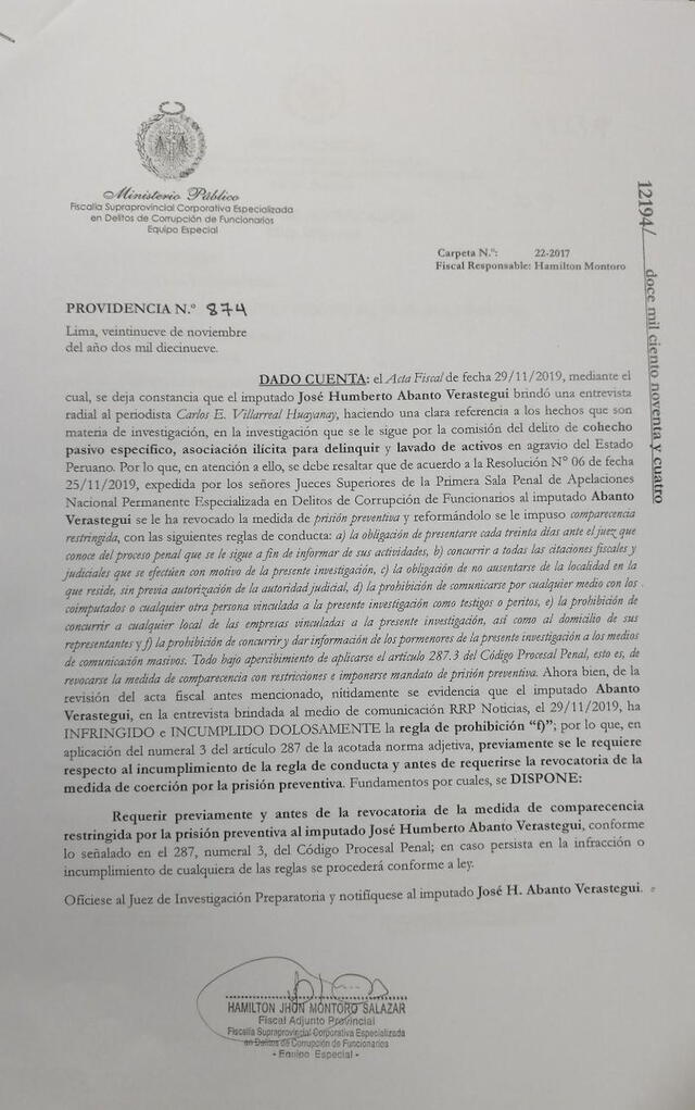Documento del Ministerio Público que notifica actos de Abanto.