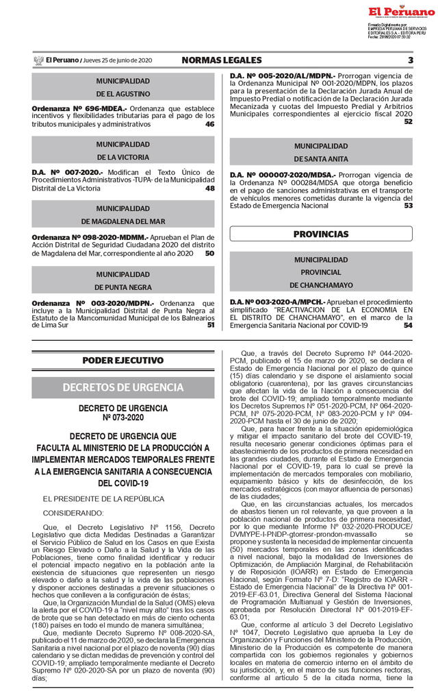 DECRETO DE URGENCIA  Nº 073-2020  QUE  FACULTA AL MINISTERIO DE LA PRODUCCIÓN A IMPLEMENTAR MERCADOS TEMPORALES