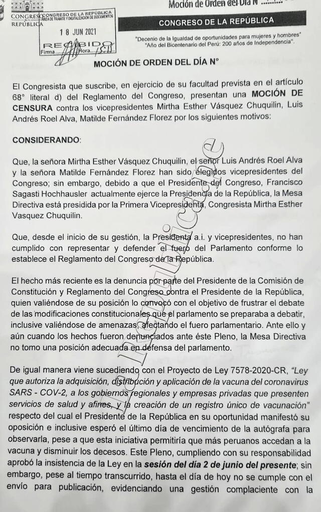 Nueva moción de censura contra la mesa directiva del Congreso que preside la parlamentaria Mirtha Vásquez.