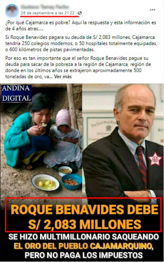 Publicación viralizada en el que se le atribuye una deuda tributaria a Roque Benavides. FOTO: Captura de Facebook.