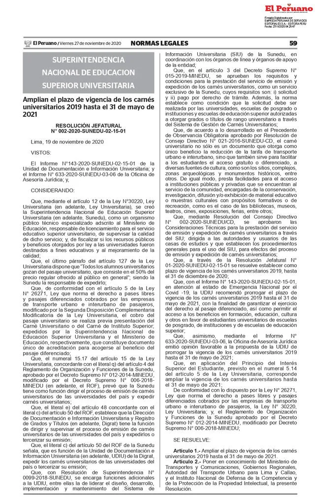 Sunedu: Resolución Jefatural N° 002-2020-SUNEDU-02-15-01, que amplía la vigencia del carné universitario