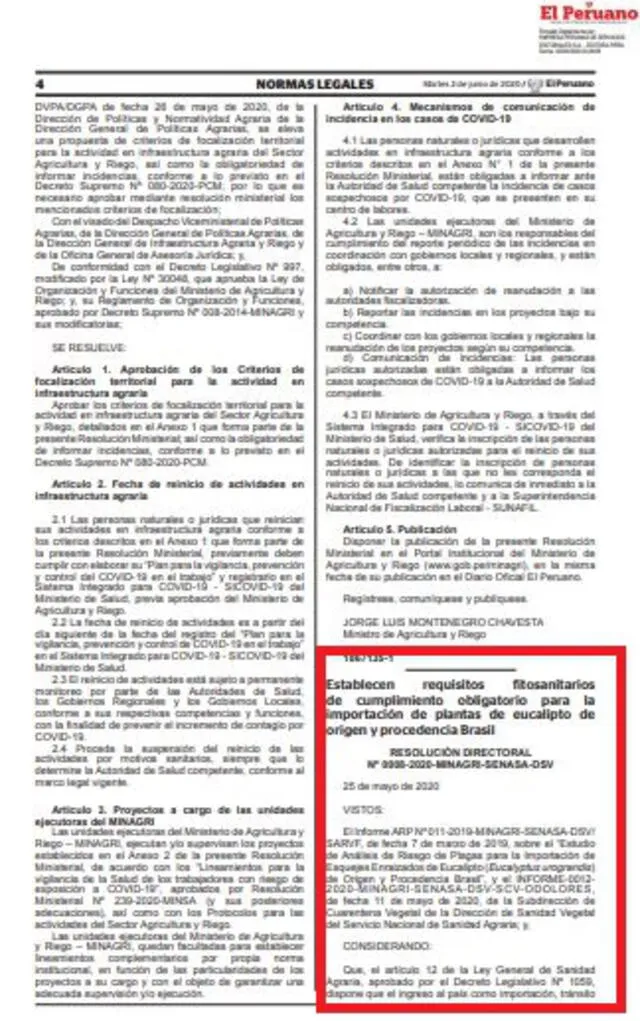 Resolución directorial de Senasa publicada el 2 de junio de 2020. (Foto: captura El Peruano)