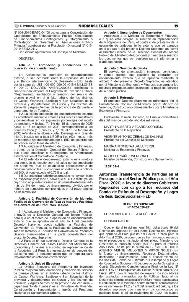 Decreto SupRemo N° 161-2020-eF MEF BID