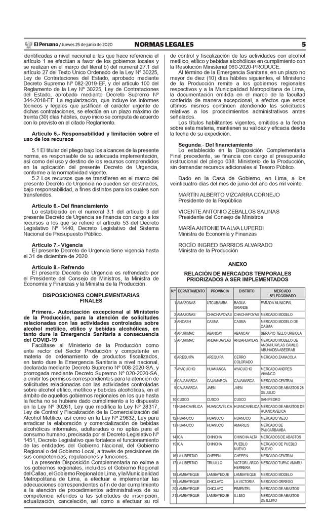 DECRETO DE URGENCIA  Nº 073-2020  QUE  FACULTA AL MINISTERIO DE LA PRODUCCIÓN A IMPLEMENTAR MERCADOS TEMPORALES