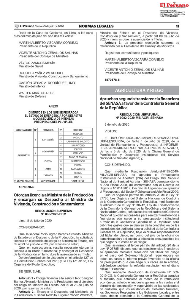 Resolución Suprema N° 035-2020-PCM que otorga licencia por salud a Rocío Barrios, titular del Ministerio de Producción.