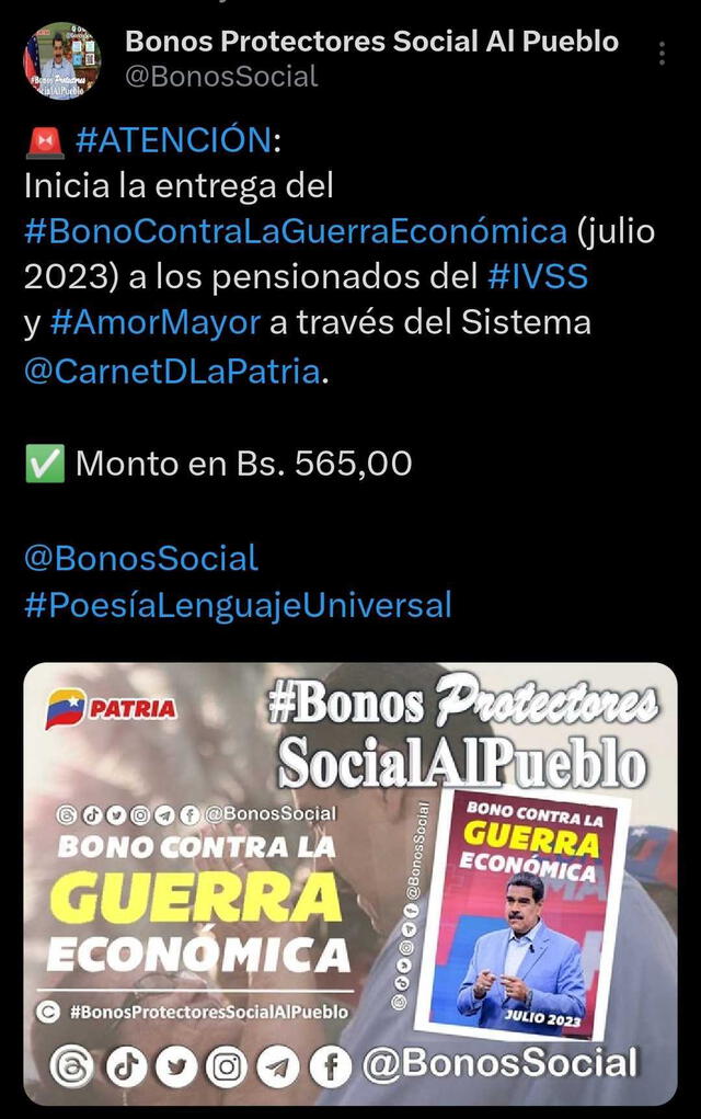 El Bono de Guerra Económica de julio 2023 tiene un mono de 565 bolívares para los pensionados del IVSS y Amor Mayor.