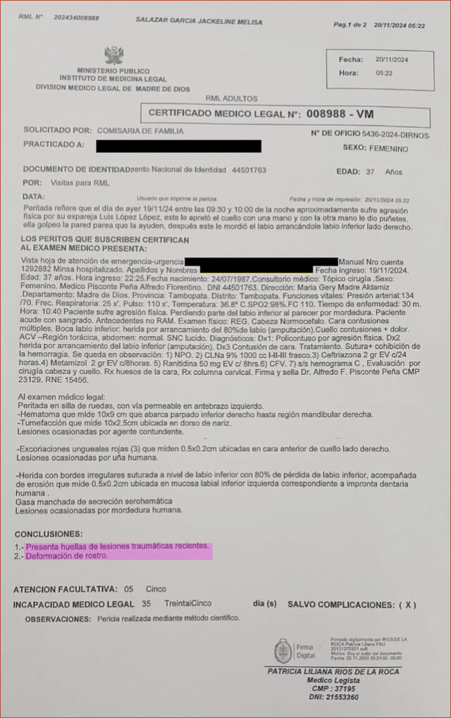 Certificado médico legal de víctima en Madre de Dios.