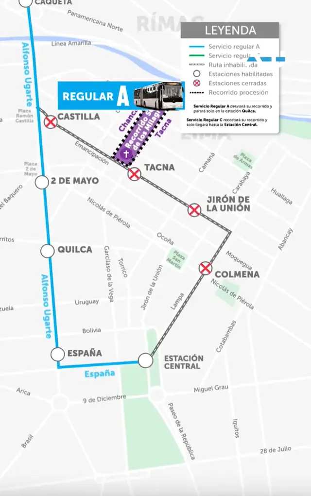 Ruta de desvíos del Metropolitano Regular A. Foto: ATU Ruta de desvíos del Metropolitano Regular A. Foto: ATU
