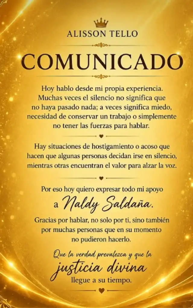 La cantante Alisson Tello se une al apoyo a Naldy Saldaña. La cantante Alisson Tello se une al apoyo a Naldy Saldaña.