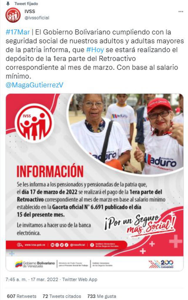 Anuncio del pago del retroactivo para los pensionados del Seguro Social en Venezuela. Foto: captura Twitter
