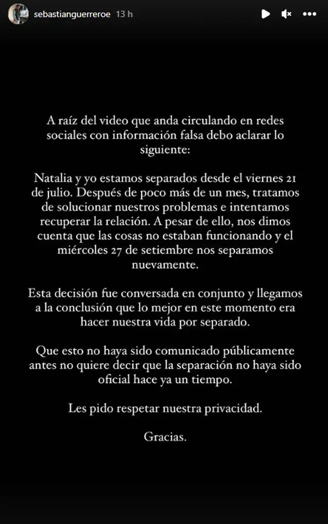  Aun pareja de Natalia Merino pide respetar su privacidad tras esta polémica. Foto: Instagram/ Sebastián Guerrero Elías   