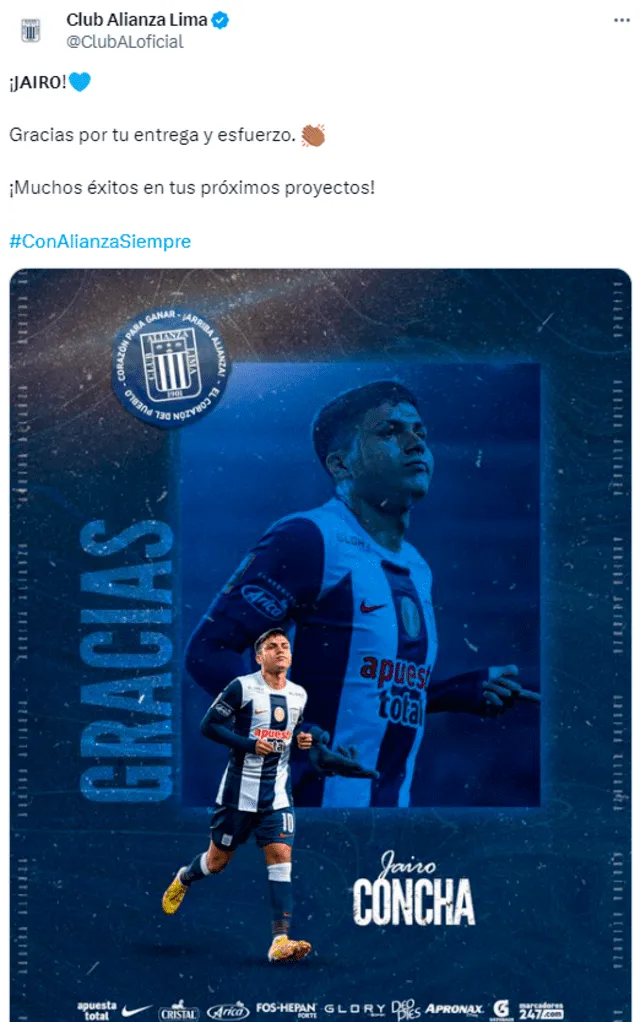  Anunció de Alianza Lima sobre Jairo Concha. Foto: Alianza Lima.   