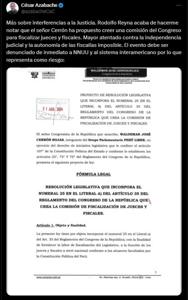 César Azabache sobre proyecto para crear Comisión que fiscalice jueces y fiscales. Foto: X (antes Twitter)   