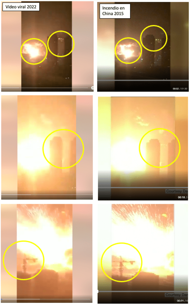 Comparación entre el video compartido en redes sociales para mostrar el supuesto inicio de la Guerra en Ucrania y el registro del incendio en Tianjin, China. Fuente: Composición LR, Facebook, BBC.