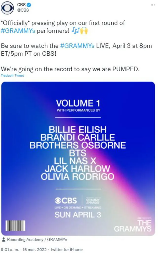 Primer lineup de los Grammy 2022. Foto: CBS en Twitter