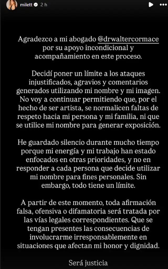 Comunicado de Milett Figueroa. Foto: Instagram. Comunicado de Milett Figueroa. Foto: Instagram.