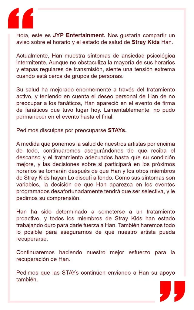 JYP Entertainment publicó esta declaración sobre la salud de Han después de que abandonara un evento con fans.