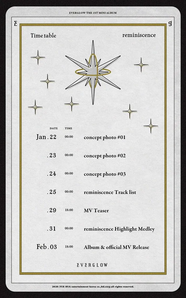 Cronograma de lanzamientos de  "Reminiscence", primer mini álbum de EVERGLOW.