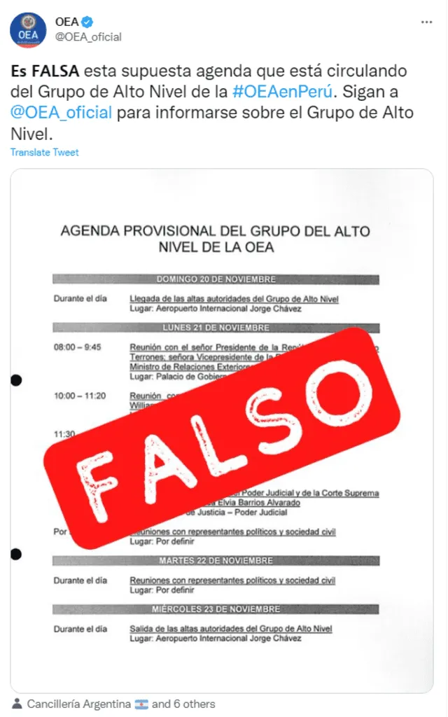 La OEA comunicó la existencia de una agenda falsa. Foto: captura OEA/ Twitter