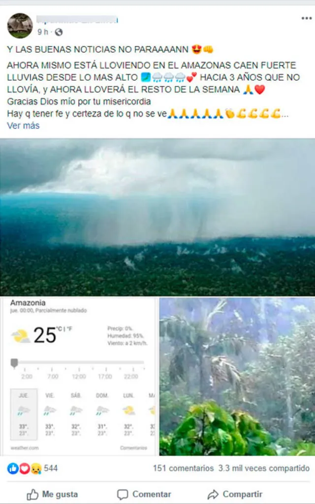 Publicación sobre la supuesta lluvia en Amazonas.