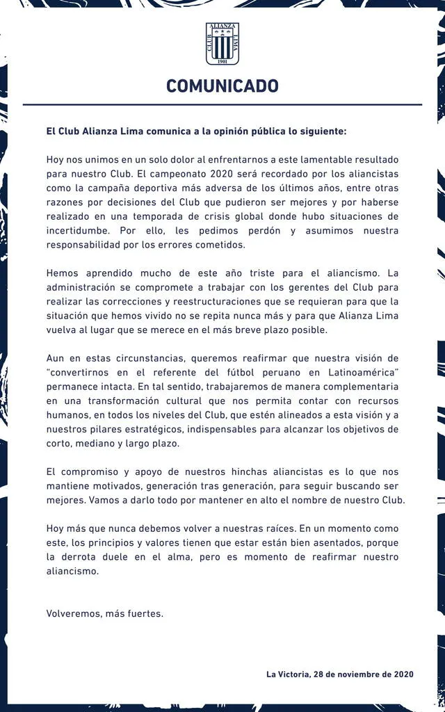 Alianza Lima emitió un comunicado en disculpa a sus hinchas. Foto: Twitter @ClubALoficial