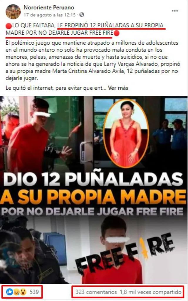 Publicación viral que asegura que joven hondureño apuñaló a su mamá por prohibirle jugar Free Fire. FOTO: Captura de Facebook.