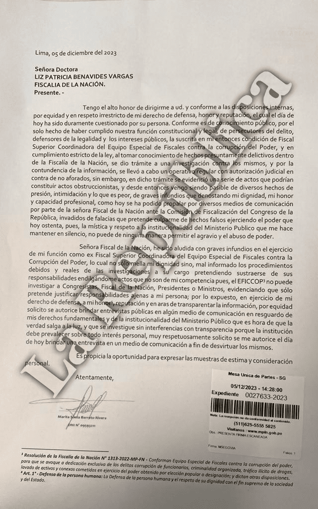 El documento que envió Marita Barreto tras acusaciones de la fiscal de la Nación, Patricia Benavides.   