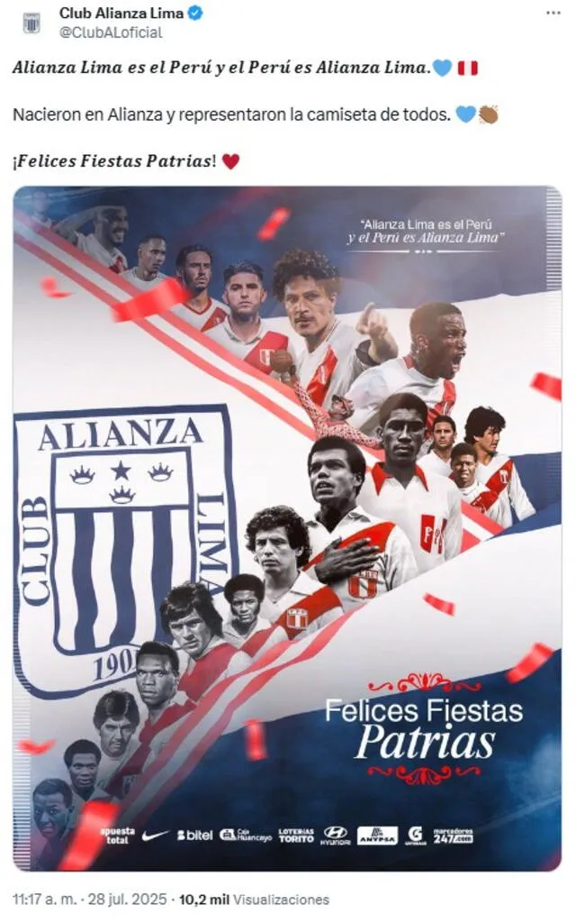 Alianza Lima y su emotivo mensaje por Fiestas Patrias. Foto: vía X Alianza Lima y su emotivo mensaje por Fiestas Patrias. Foto: vía X