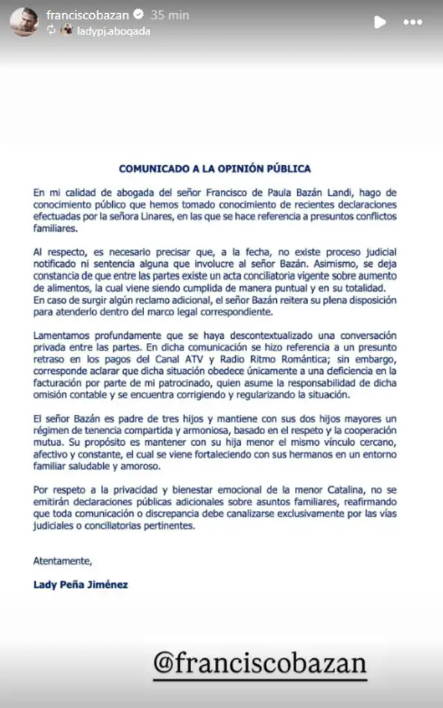 Comunicado que compartió Paco Bazán en su historia de Instagram Comunicado que compartió Paco Bazán en su historia de Instagram