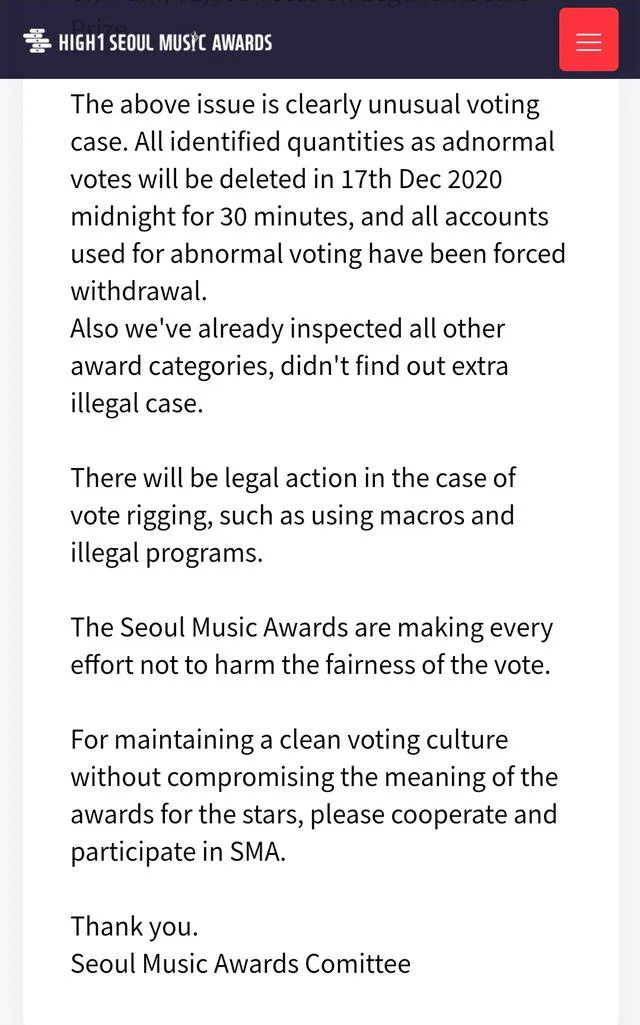 Comunicado de High1 Seoul Music Awards 2021. Foto: app SMA