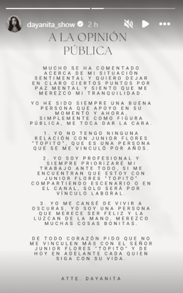 Dayanita compartió comunicado en redes sociales. Foto: Instagram/Dayanita   