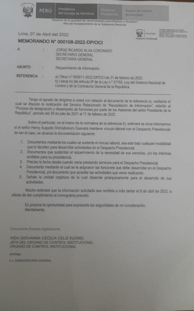 Memorando con carácter de urgencia dirigido al secretario de la Presidencia, Jorge Alva Coronado