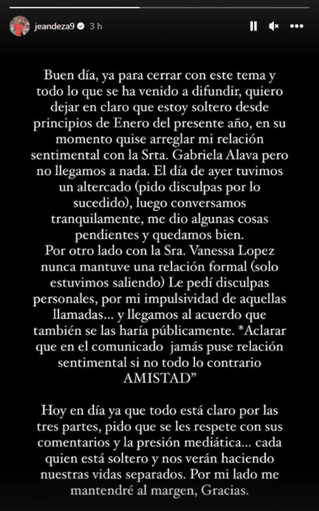 Jean Deza explica que nunca mantuvo una relación formal con Vanessa López. Foto: Instagram   