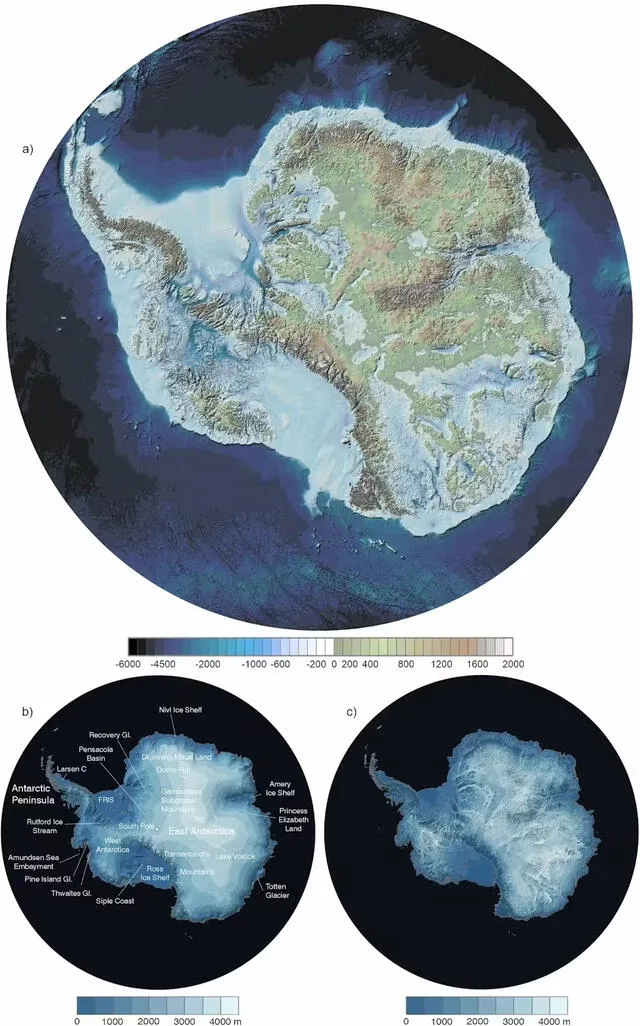 Mapa de la topografía (a) y la elevación superficial (b) de la Antártida, medido en metros sobre el nivel del mar; (c) muestra el espesor del hielo en metros. Foto: Scientific Data Mapa de la topografía (a) y la elevación superficial (b) de la Antártida, medido en metros sobre el nivel del mar; (c) muestra el espesor del hielo en metros. Foto: Scientific Data