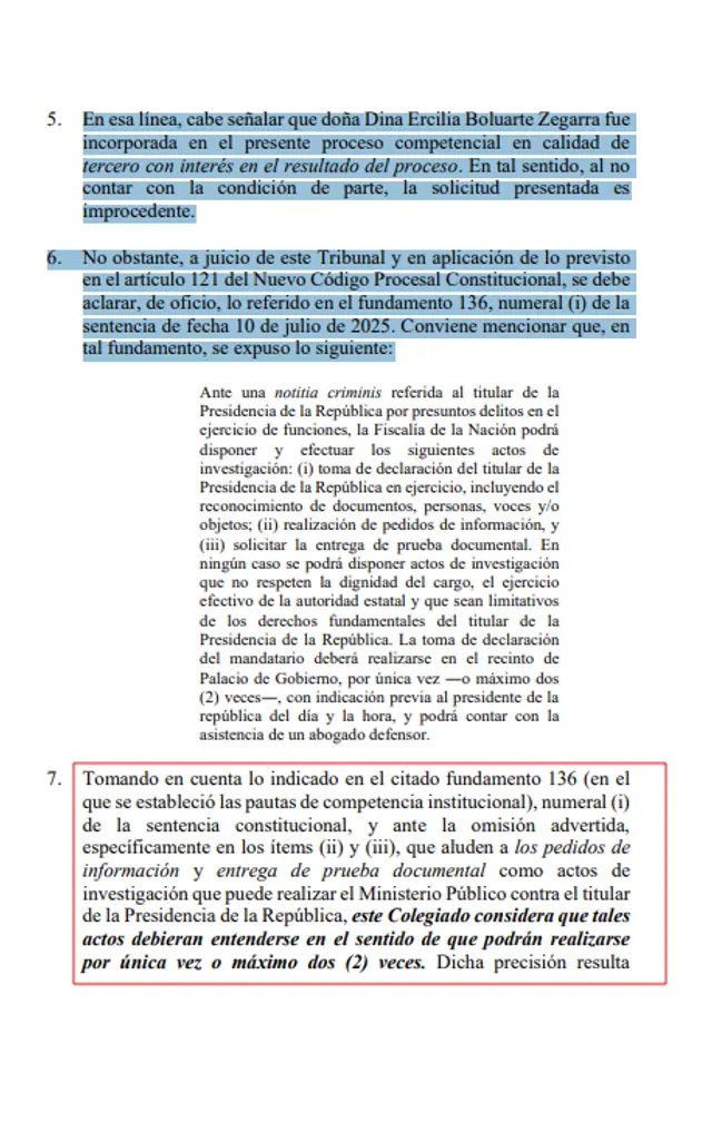  Aclaración del Tribunal Constitucional sobre la solicitud de Boluarte, pese a que rechazaron su solicitud.   
