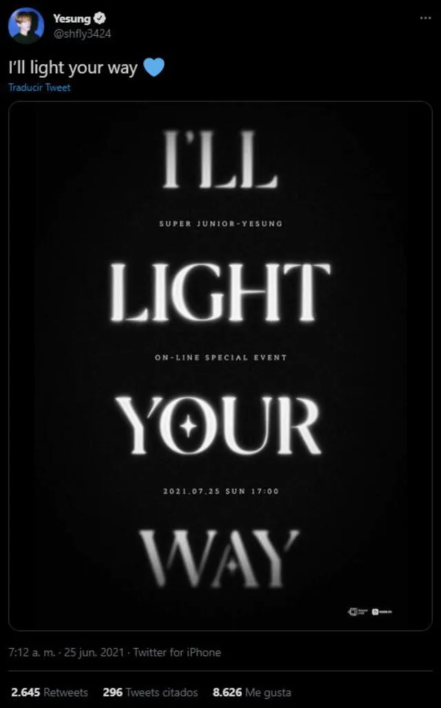 Post de Yesung de SUPER JUNIOR sobre su show I'll light your way. Foto: captura Twitter