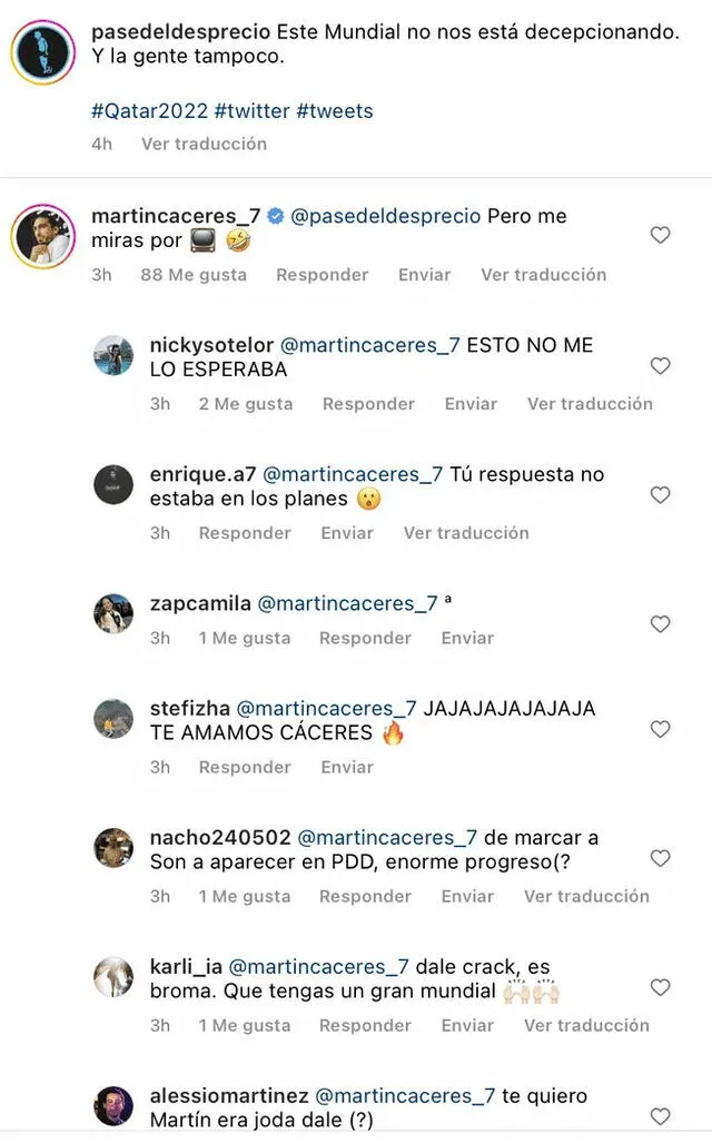 Los usuarios y Martín Cáceres comentaron el polémico post.
