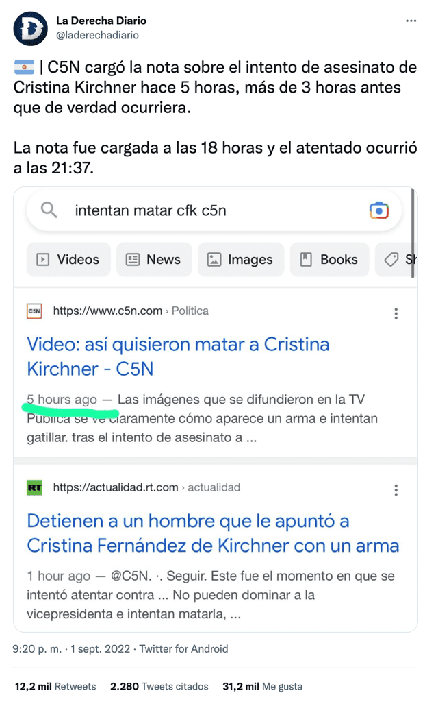 Publicación en Twitter sobre las notas informativas publicadas luego del atentado a Cristina Fernández. Foto: captura LR/Twitter Publicación en Twitter sobre las notas informativas publicadas luego del atentado a Cristina Fernández. Foto: captura LR/Twitter